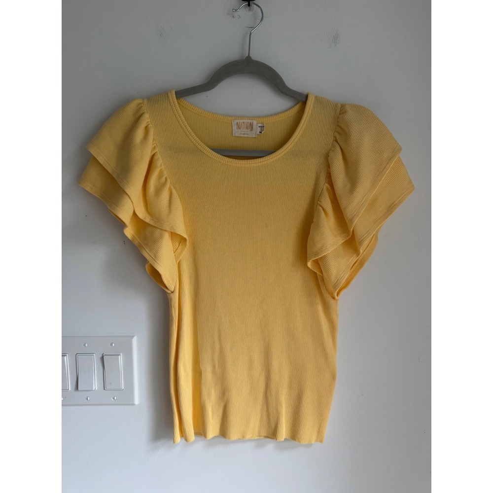 Nation LTD Yellow Ribbed Ruffle Sleeve Scoop Neck Top Small